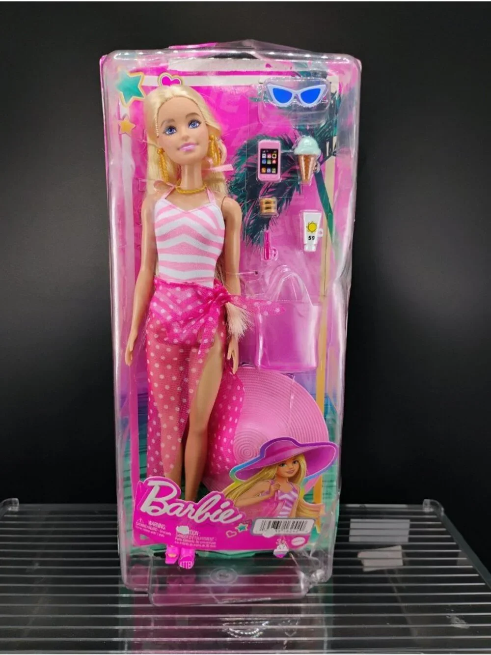 Barbie Beach Day Doll With Accessories Pink Striped Dress Swimwear